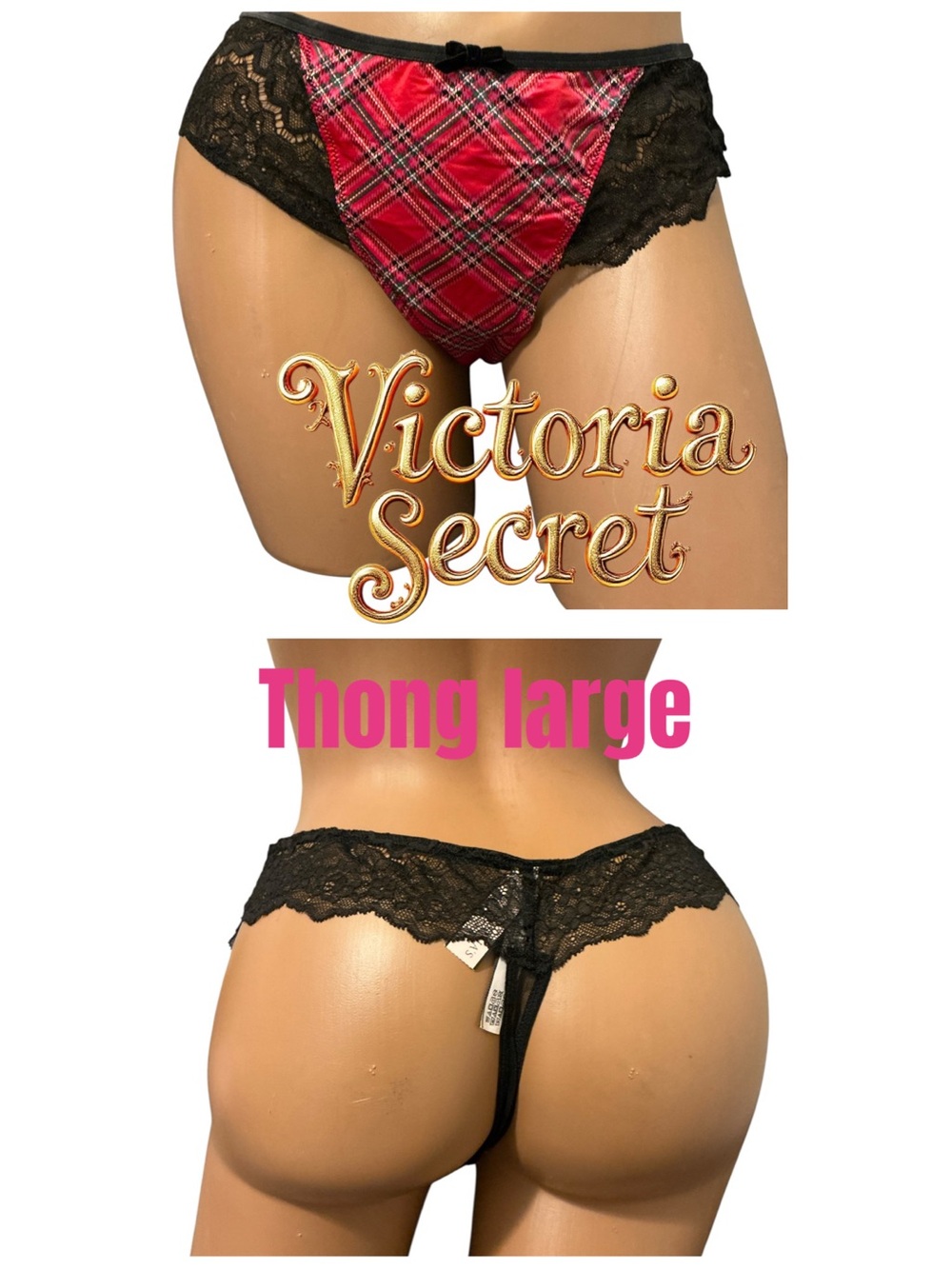 Victoria's Secret Red Plaid Front with Black Lace Thong